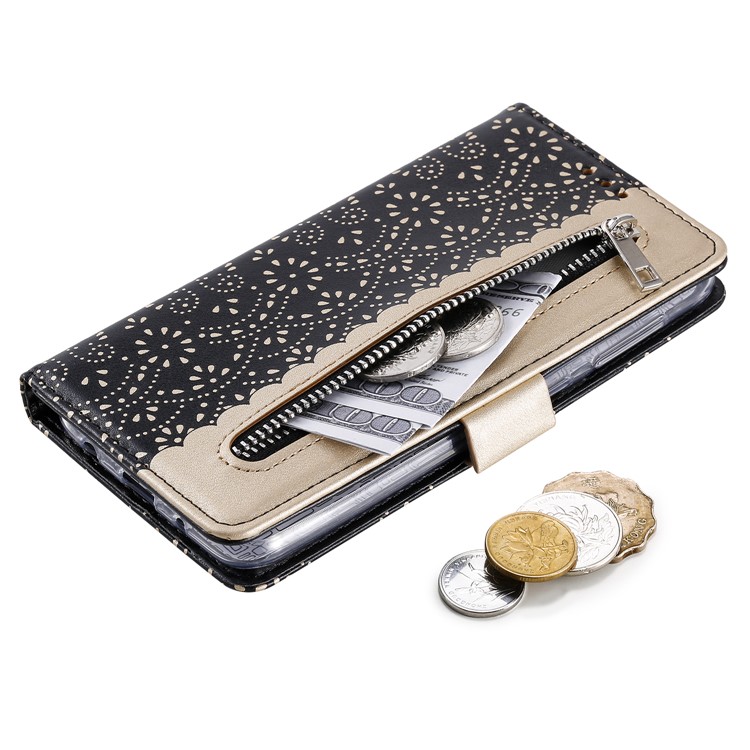 Case de Billetera de Cuero de Bolsillo de Patrón de Flores de Encaje Para Samsung Galaxy A10/M10 - Negro