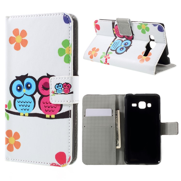 Phone Leather Stand Case for Samsung Galaxy J3 (2016) / J3 - Owls and Flowers