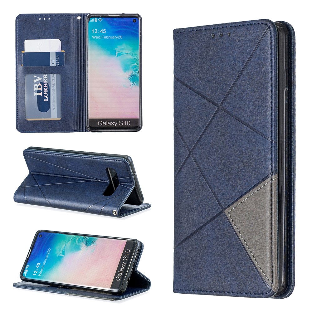 Castamento de Telefone de Couro de Padrão Geométrico Com Suporte Para Samsung Galaxy S10 - Azul Escuro