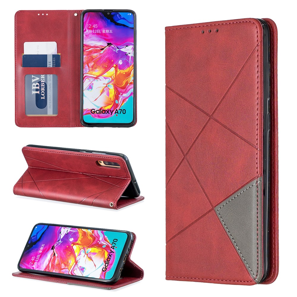 Geometric Pattern Leather Card Holder Case for Samsung Galaxy A70 - Red