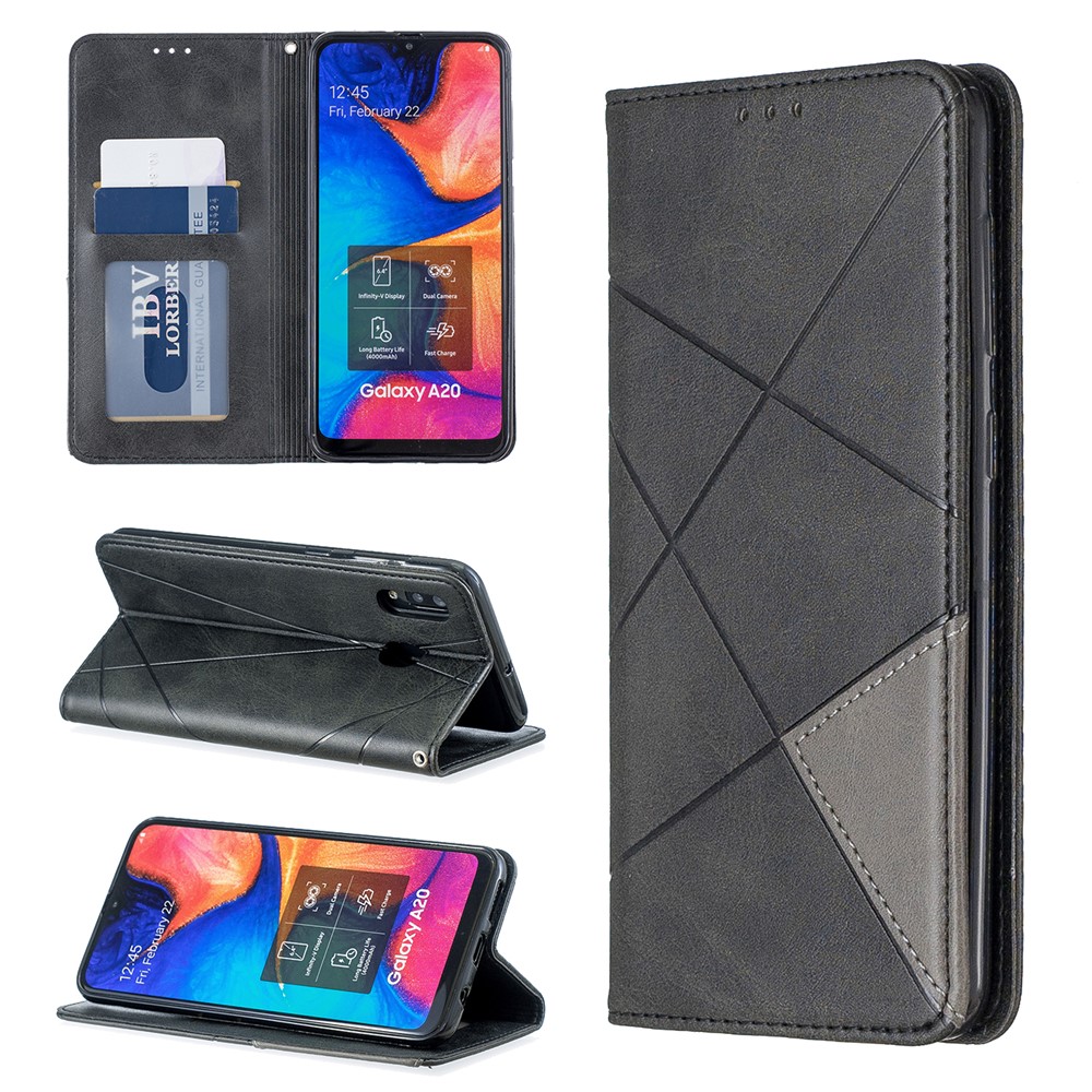 Estuche de Cuero de Patrón Geométrico Con Ranuras Para Tarjetas Para Samsung Galaxy A20/A30 - Negro