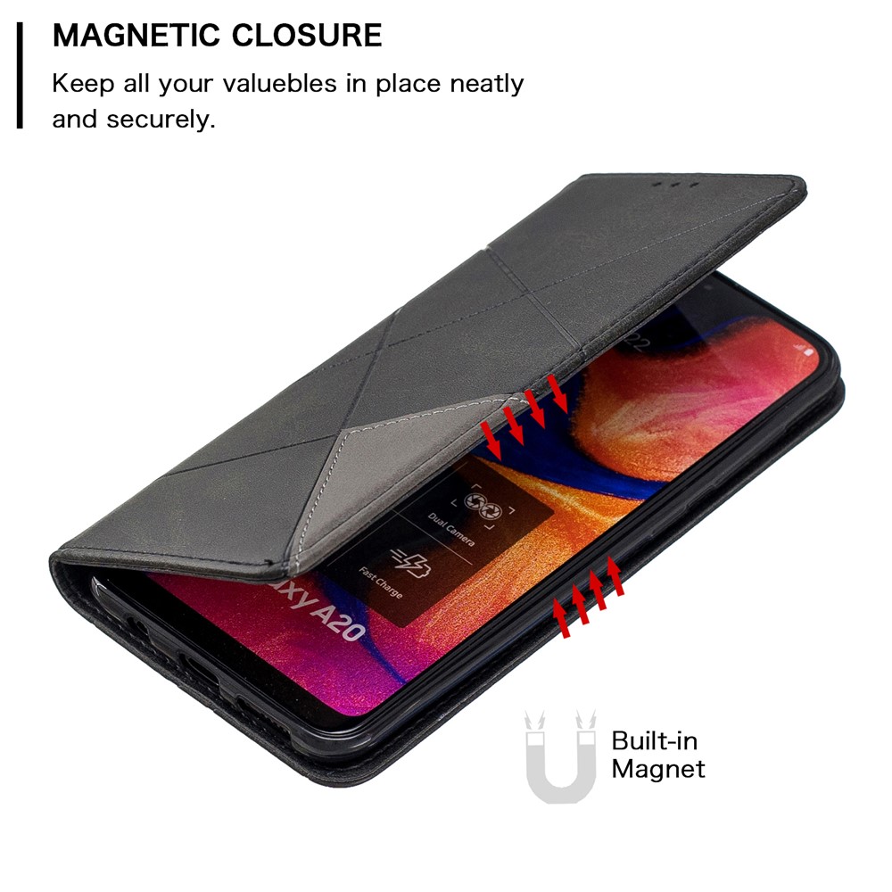 Estuche de Cuero de Patrón Geométrico Con Ranuras Para Tarjetas Para Samsung Galaxy A20/A30 - Negro