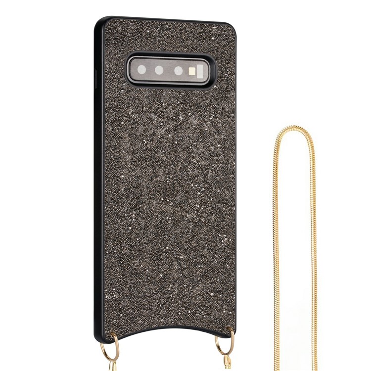 Sparkle Rhinestone Metal Lanyard TPU Phone Case Cover for Samsung Galaxy S10 - Black-1