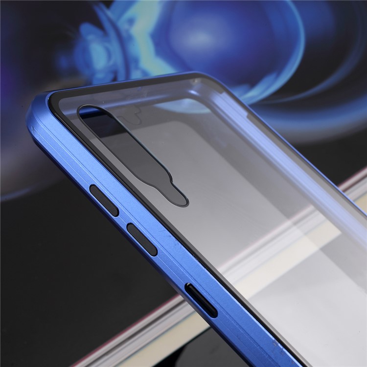 Detachable Metal Magnetic Frame + Glass Back Phone Case Protective Phone Shell for Samsung Galaxy A70 - Blue-9