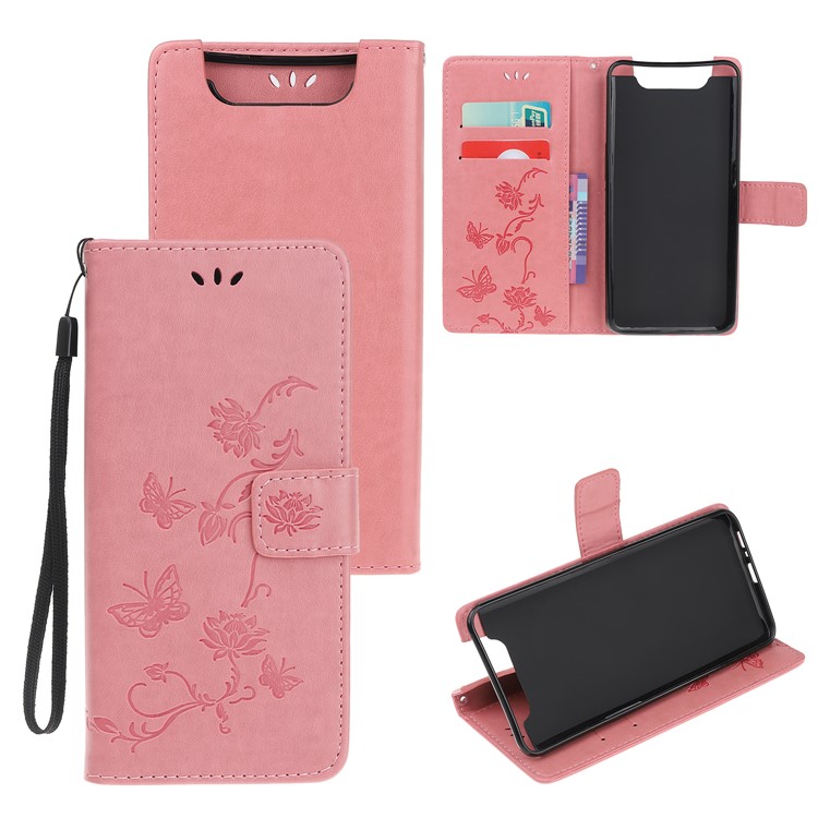 Imprint Butterfly Flowers Leather Wallet Case for Samsung Galaxy A80 / A90 - Pink-1