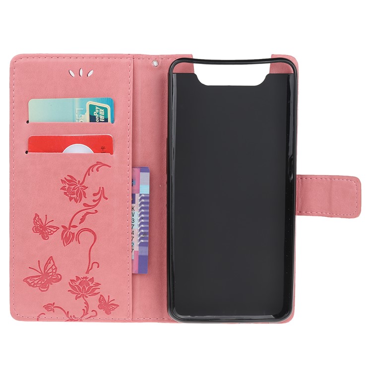 Imprint Butterfly Flowers Leather Wallet Case for Samsung Galaxy A80 / A90 - Pink-7