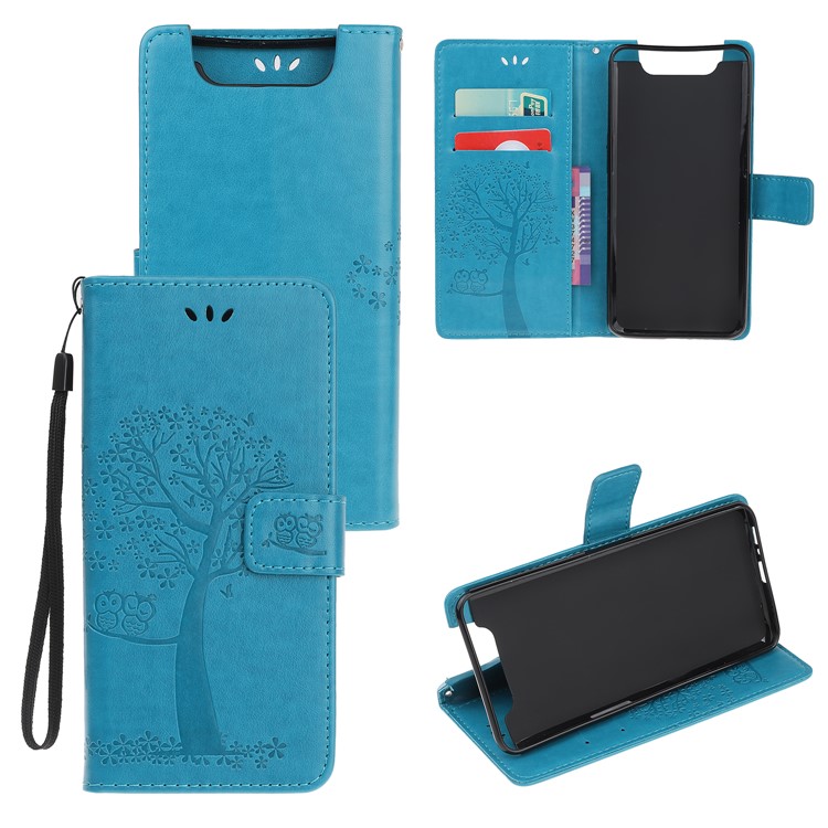Caixa Da Carteira Da Coruja Da Árvore Da Impressão Para Samsung Galaxy A80 / A90 - Azul-1