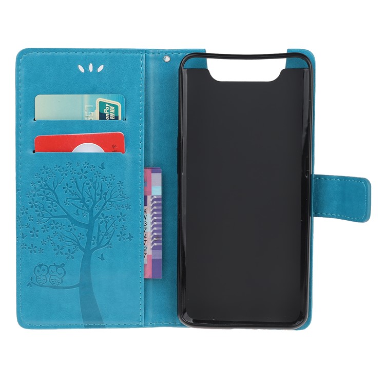 Caixa Da Carteira Da Coruja Da Árvore Da Impressão Para Samsung Galaxy A80 / A90 - Azul-6