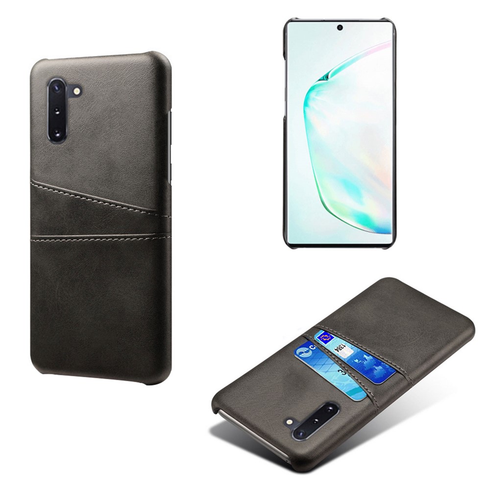 Double Card Slots PU Leather Coated Hard Plastic Case for Samsung Galaxy Note 10 - Black-1