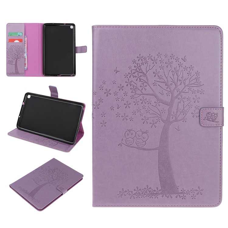 Imprint Tree and Owls Wallet Stand PU Leather Tablet Shell for Samsung Galaxy Tab A 8.0 (2019) with S Pen SM-P200 - Purple-1