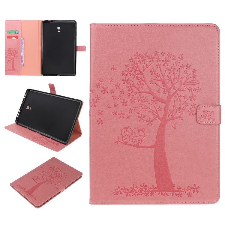 Pie De Imprenta Árbol Y Búhos Soporte De Billetera Funda Protectora De Cuero Con Tapa Para Samsung Galaxy Tab A 10.5 (2018) T590 T595 - Melon Rojo-1