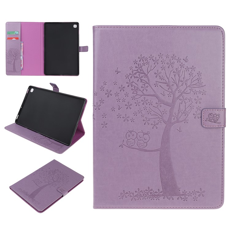Imprint Tree and Owls PU Leather Wallet Stand Tablet Casing for Samsung Galaxy Tab S5e SM-T720 - Purple-1