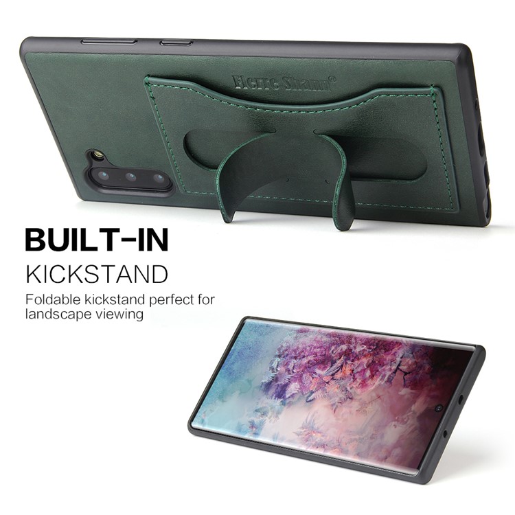 FIERRE SHANN PU Leather Card Holder Kickstand Back Shell for Samsung Galaxy Note 10 - Green-7