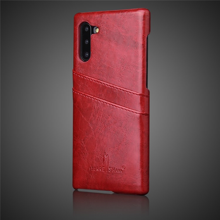 FIERRE SHANN for Samsung Galaxy Note 10 Oil Wax Card Holder PU Leather + PC Back Phone Cover - Red-2