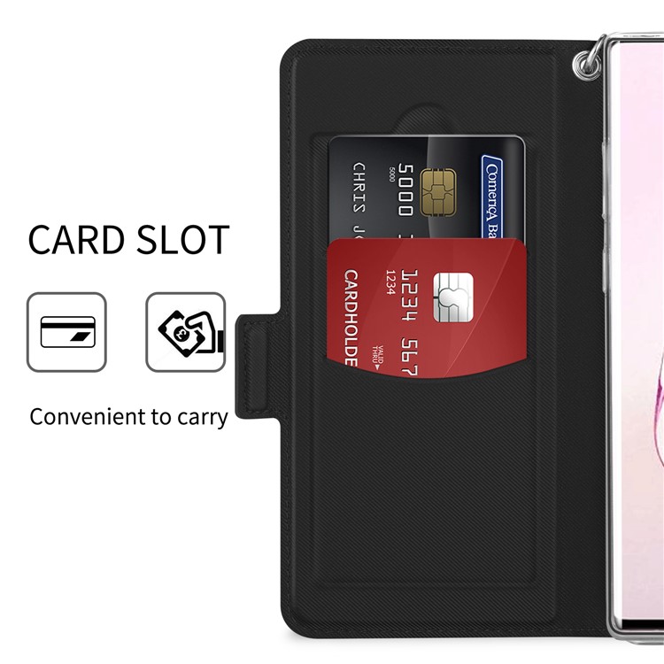 Funda De Cuero Para Teléfono Con Doble Ranura Para Tarjeta Con Soporte De Cordón Para Samsung Galaxy Note 10 Plus - Negro-8