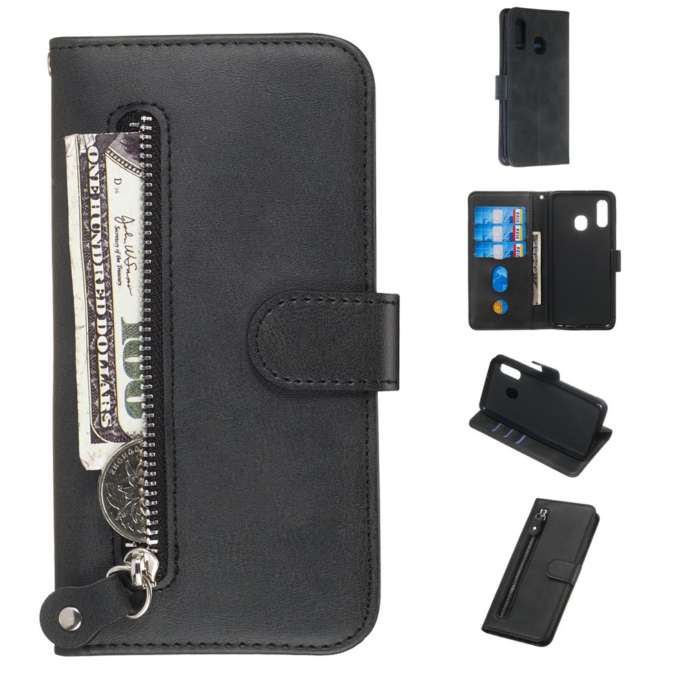 Zipper Pocket Wallet Stand Flip Leather Phone Shell for Samsung Galaxy A20e - Black-1