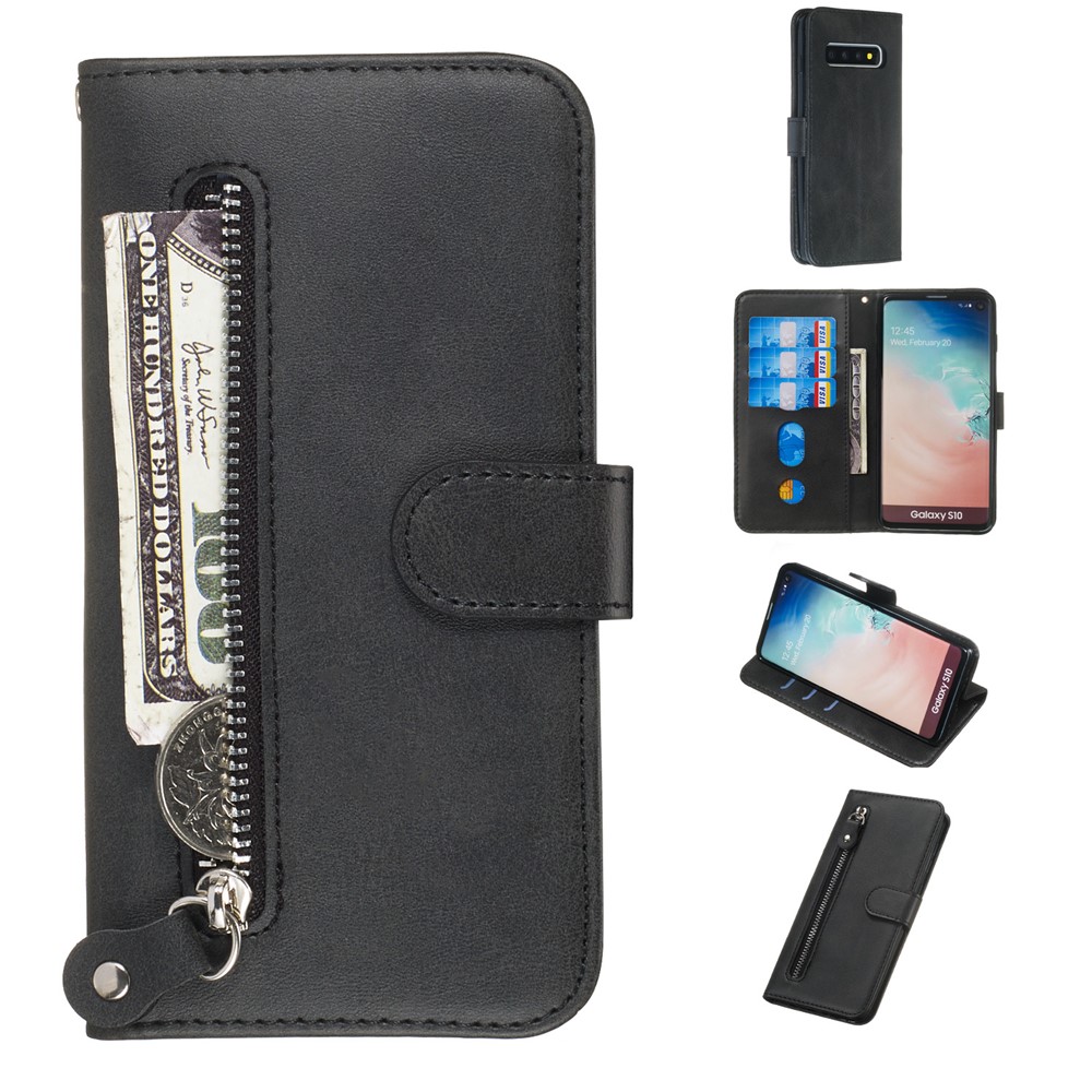 Zipper Pocket Magnetic Leather Stand Case for Samsung Galaxy S10 - Black-1