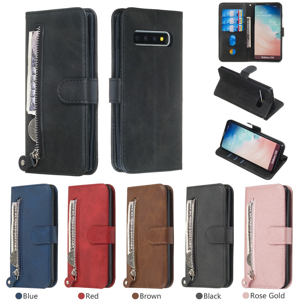 Zipper Pocket Magnetic Leather Stand Case for Samsung Galaxy S10 - Black-12