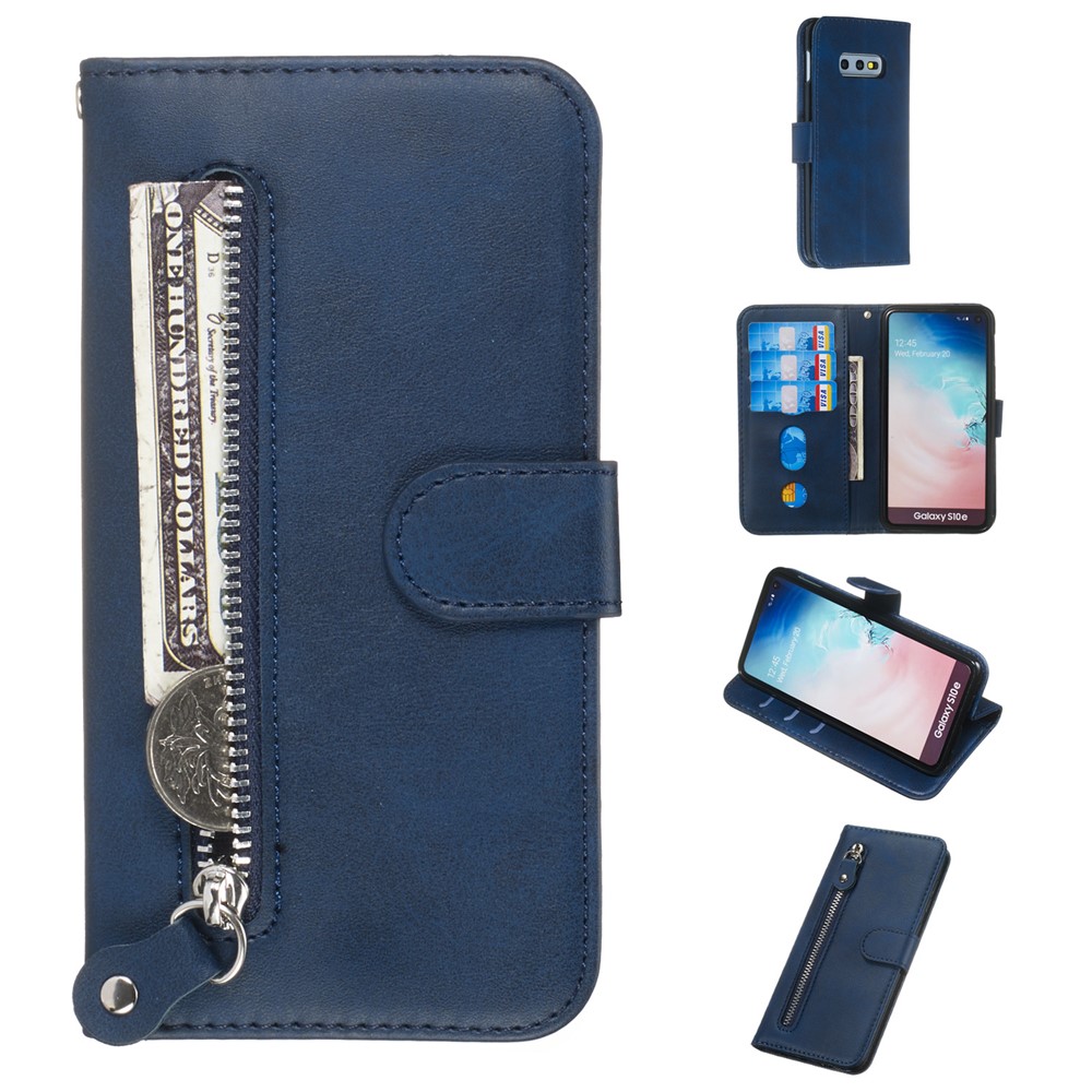 Zipper Pocket Magnetic Leather Wallet Case for Samsung Galaxy S10e - Blue