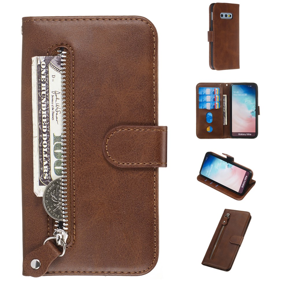 Zipper Pocket Magnetic Leather Wallet Case for Samsung Galaxy S10e - Brown-1