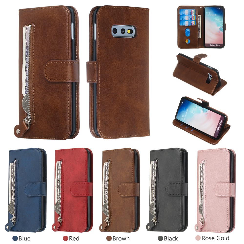 Zipper Pocket Magnetic Leather Wallet Case for Samsung Galaxy S10e - Brown-12