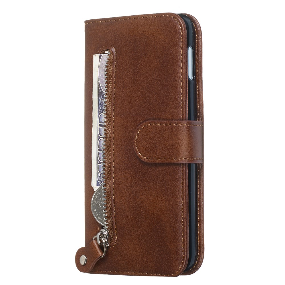 Zipper Pocket Magnetic Leather Wallet Case for Samsung Galaxy S10e - Brown-7