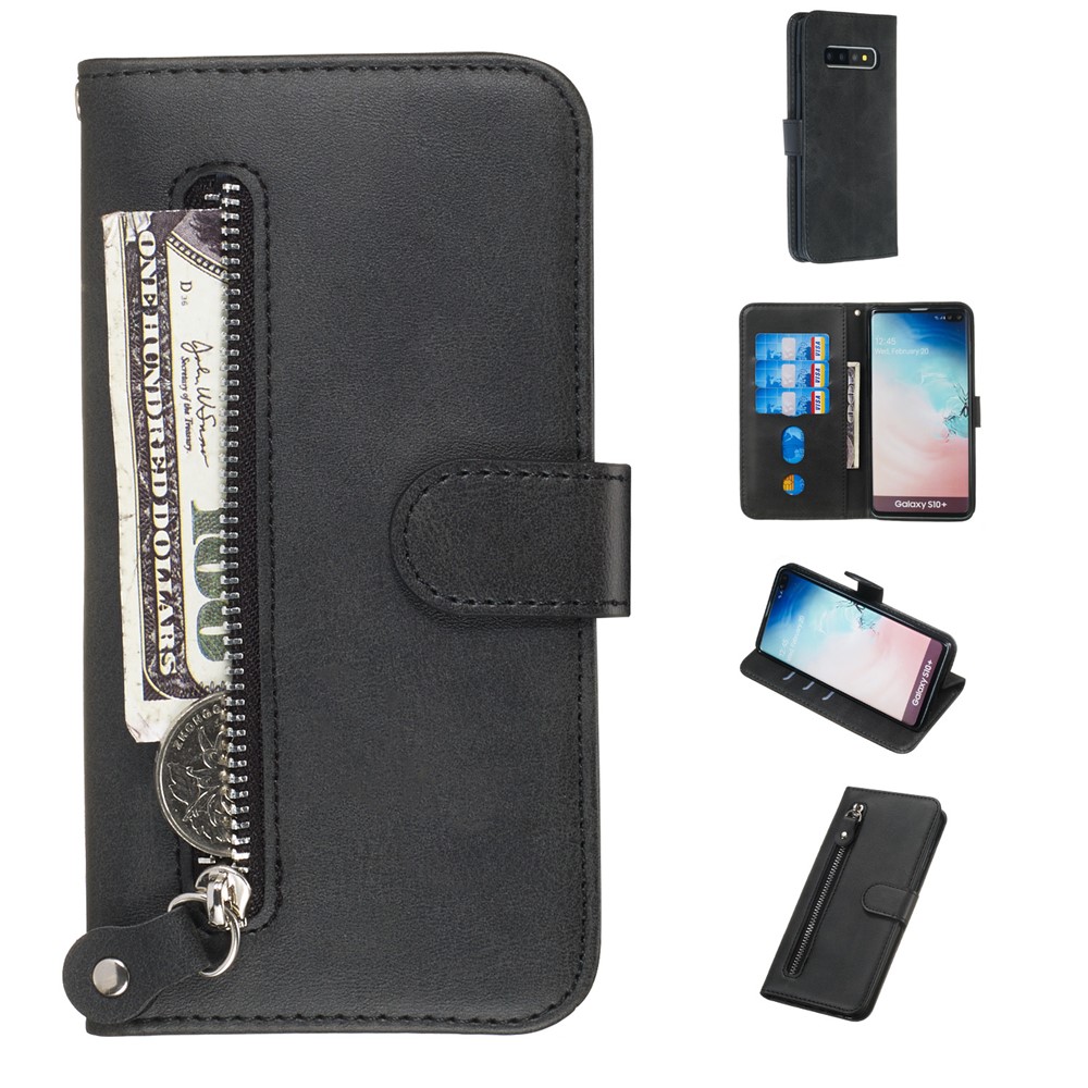 Zipper Wallet Leather Stand Protective Phone Casing with Wallet Shell for Samsung Galaxy S10 Plus - Black-1