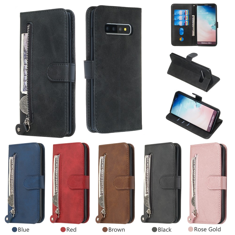 Zipper Wallet Leather Stand Protective Phone Casing with Wallet Shell for Samsung Galaxy S10 Plus - Black-13