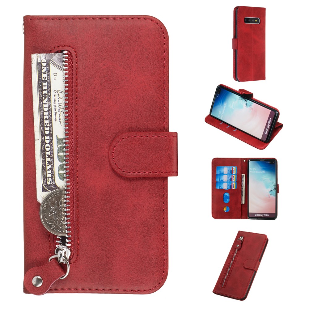Zipper Wallet Leather Stand Protective Phone Casing with Stand for Samsung Galaxy S10 Plus - Red