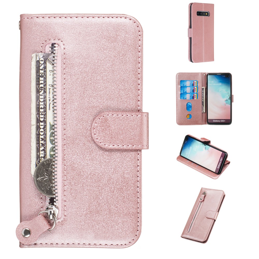 Zipper Wallet Leather Stand Protective Phone Casing with Stand for Samsung Galaxy S10 Plus - Rose Gold
