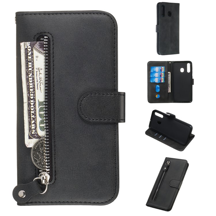 Zipper Pocket Leather Wallet Stand Case for Samsung Galaxy A20/A30 - Black-1