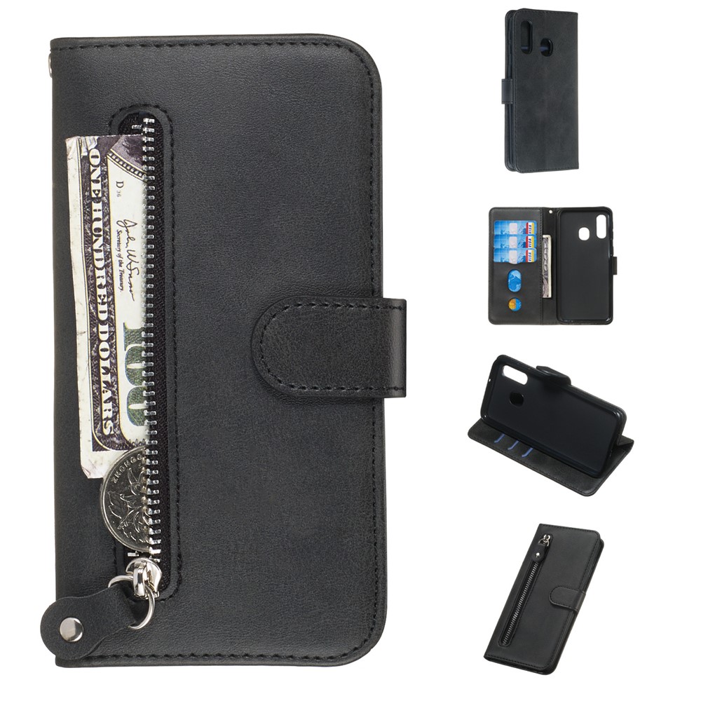 Zipper Pocket Leather Wallet Case for Samsung Galaxy A40 - Black-1