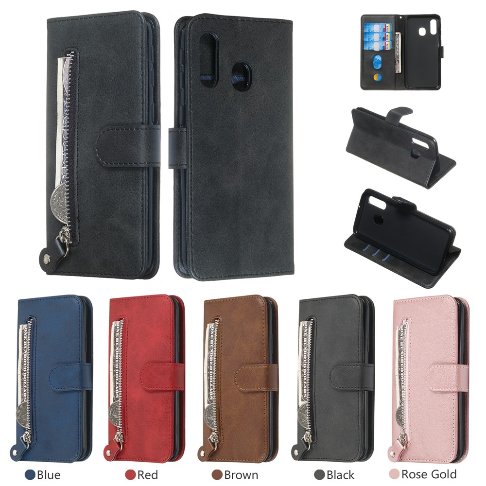 Zipper Pocket Leather Wallet Case for Samsung Galaxy A40 - Black-13