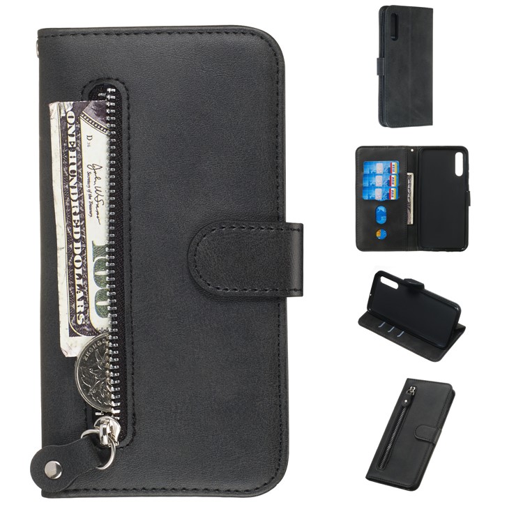 Zipper Pocket Wallet Stand Flip Leather Phone Cover for Samsung Galaxy A50 - Black-1