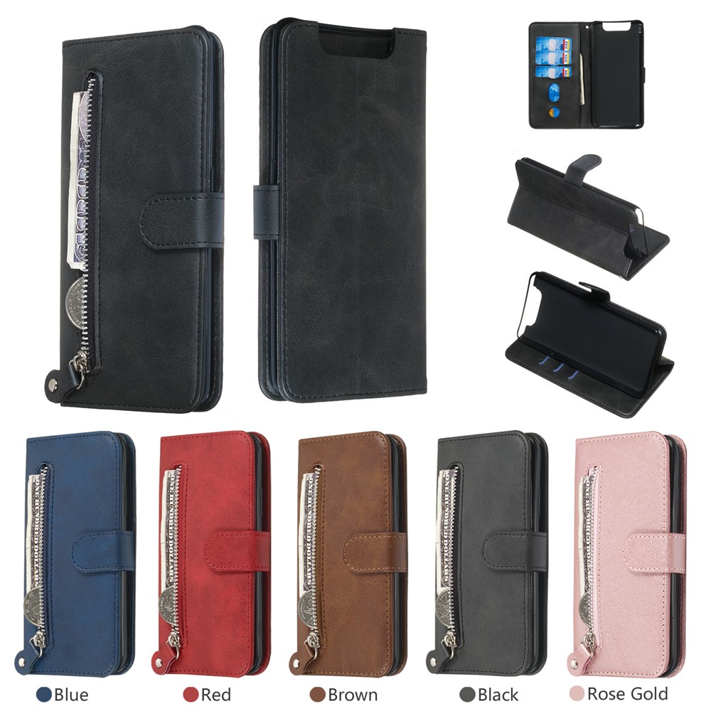 Zipper Pocket Wallet Stand Flip Leather Phone Cover for Samsung Galaxy A80/A90 - Black-13