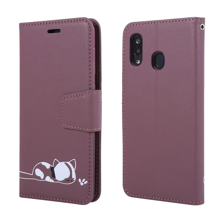 Imprint Cat and Flower Pattern Leather Wallet Case for Samsung Galaxy A20/A30 - Purple-4