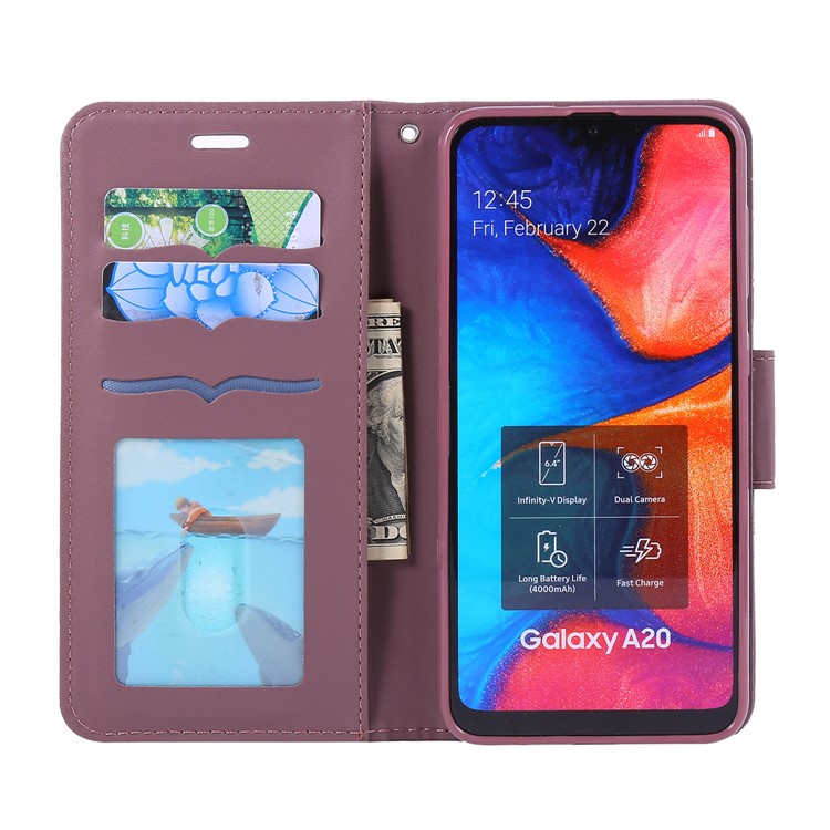 Imprint Cat and Flower Pattern Leather Wallet Case for Samsung Galaxy A20/A30 - Purple-7