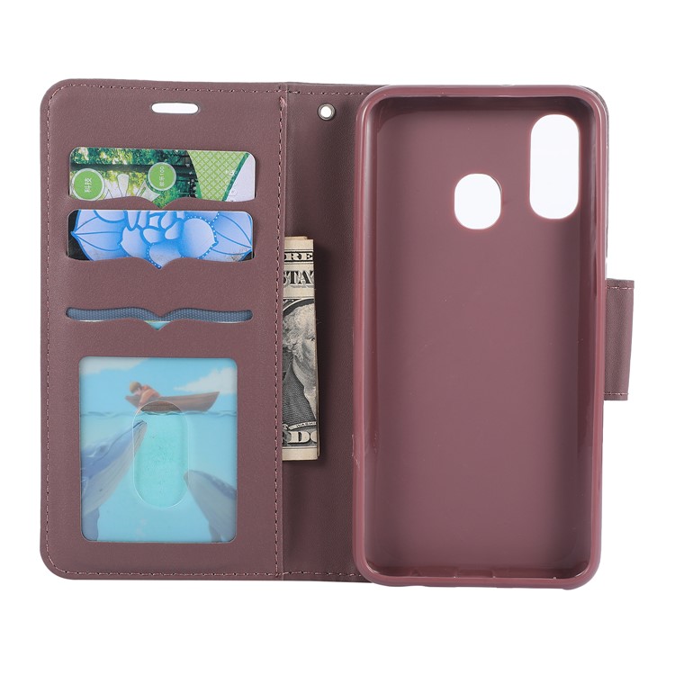 Imprint Cat and Flower Pattern Wallet Leather Case for Samsung Galaxy A40 - Purple-7