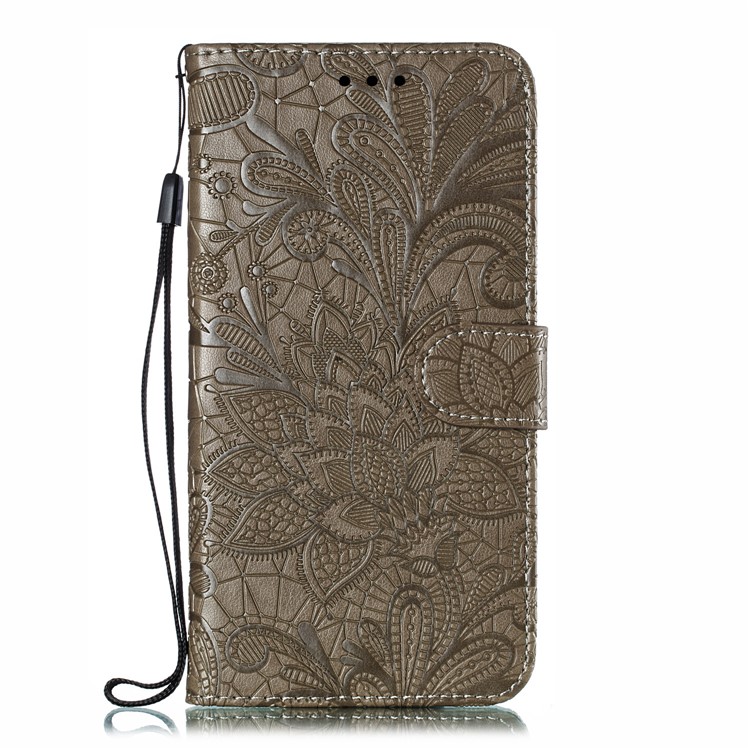 Lace Flower Imprinted Leather Wallet Shell for Samsung Galaxy Note 10 - Brown-2