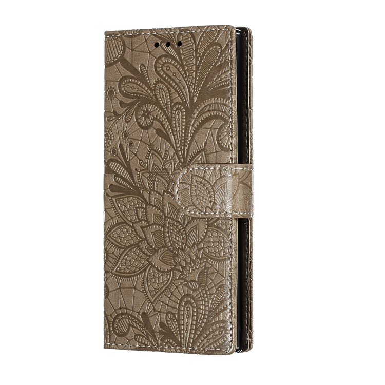 Lace Flower Imprinted Leather Wallet Shell for Samsung Galaxy Note 10 - Brown-3