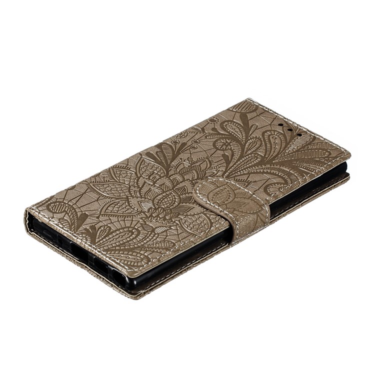 Lace Flower Imprinted Leather Wallet Shell for Samsung Galaxy Note 10 - Brown-8