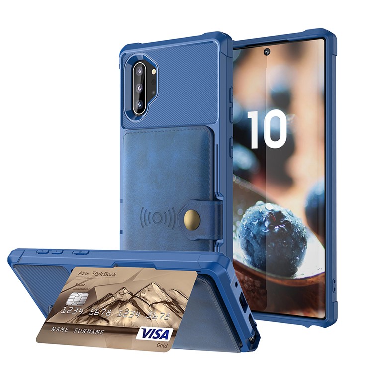 For Samsung Galaxy Note 10 Plus PU Leather Coated TPU Wallet Kickstand Phone Shell (Built-in Magnetic Sheet) - Dark Blue-1