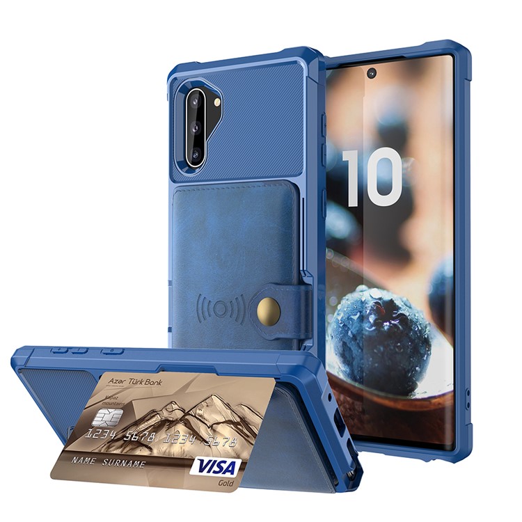 For Samsung Galaxy Note 10 PU Leather Coated TPU Wallet Kickstand Phone Shell (Built-in Magnetic Sheet) - Blue-1