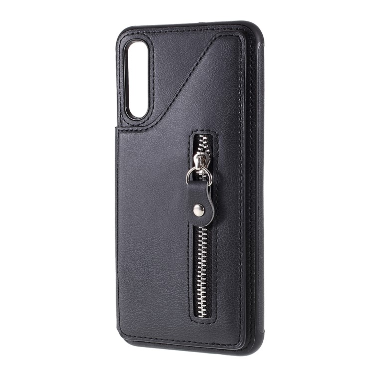 PU Leather Coated TPU Card Holder Case with Zipper Pocket for Samsung Galaxy A50 - Black-2