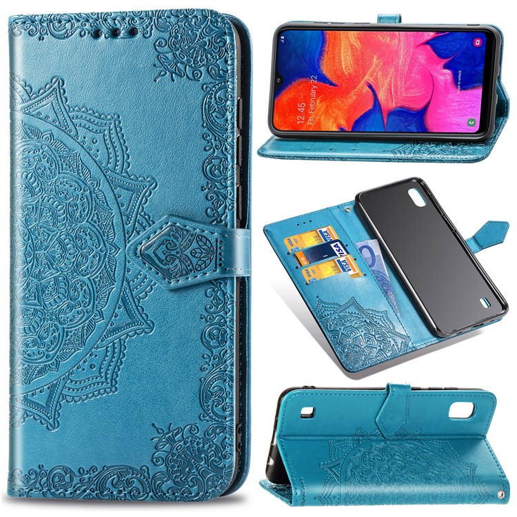 Embossed Mandala Flower Wallet Leather Case for Samsung Galaxy A10 - Blue-1