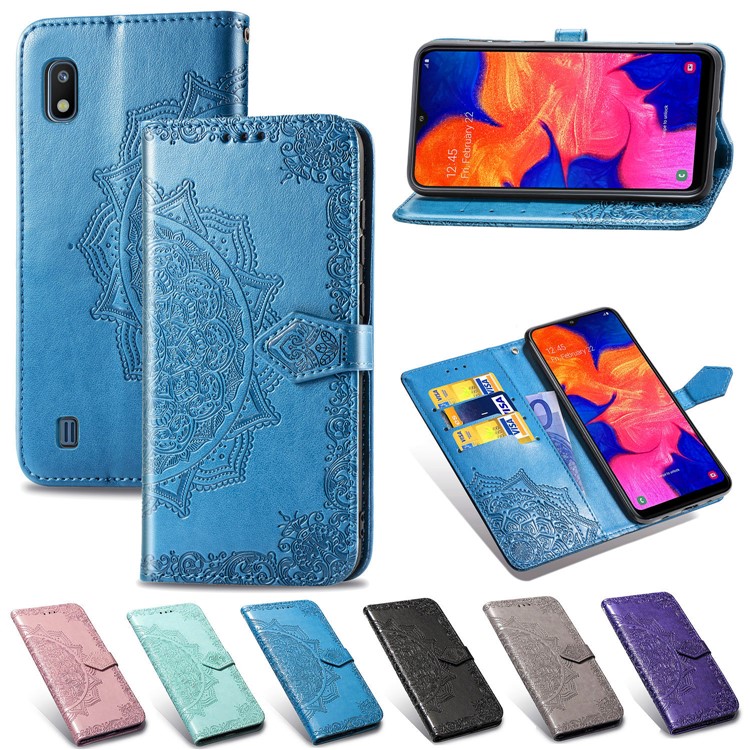 Geprägte Mandala Blumenbrieftasche Ledertasche Für Samsung Galaxy A10 - Blau-10