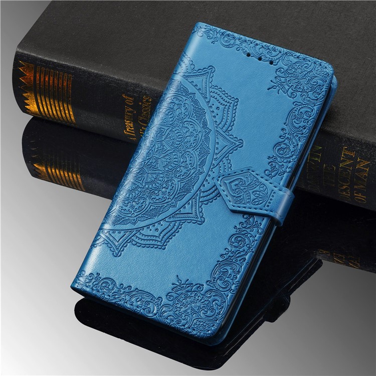 Embossed Mandala Flower Wallet Leather Case for Samsung Galaxy A10 - Blue-11