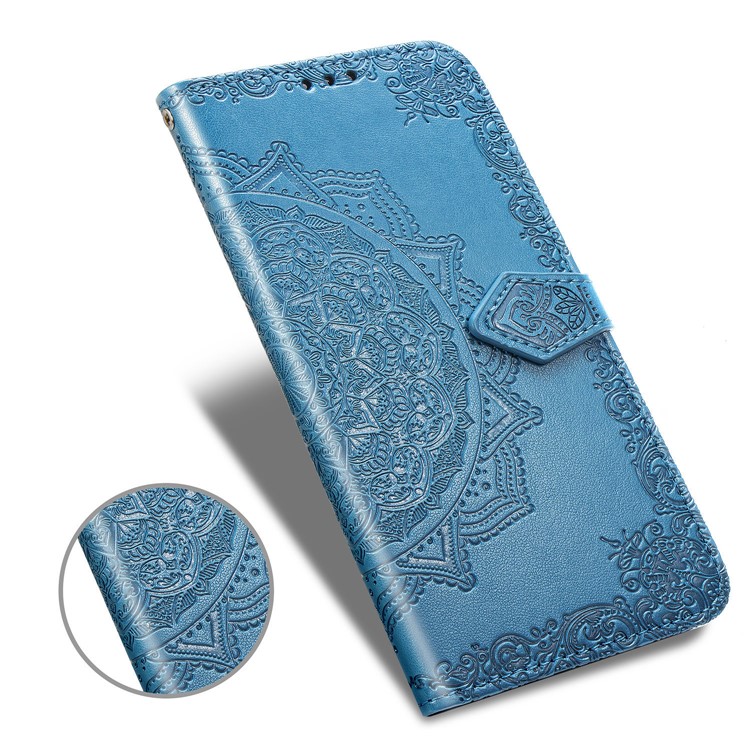 Embossed Mandala Flower Wallet Leather Case for Samsung Galaxy A10 - Blue-3