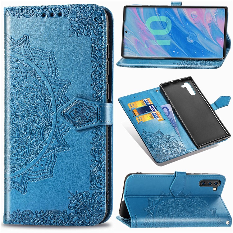 Imprinted Half Mandala Flower Leather Covering for Samsung Galaxy Note 10 - Blue-1