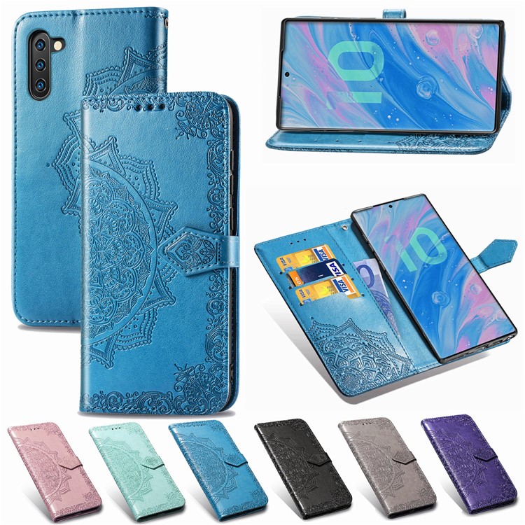 Imprinted Half Mandala Flower Leather Covering for Samsung Galaxy Note 10 - Blue-12